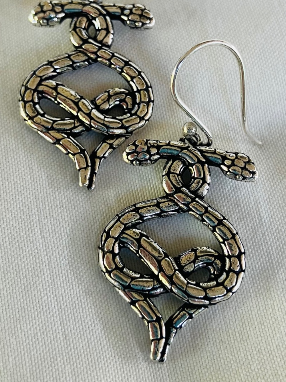 New Silver Toned Textured Conjoined Snake Dangle & Drop Earrings